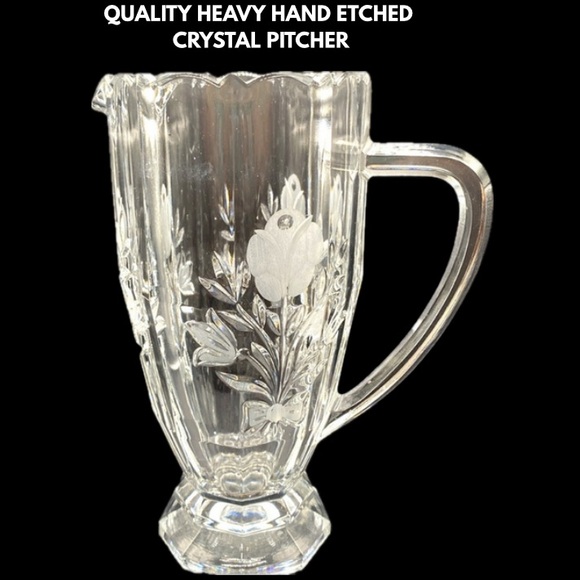 Quality Hand Cut Crystal Pitcher W/Scalloped Rim,Frosted Flower Motifs & Footed - Picture 1 of 10
